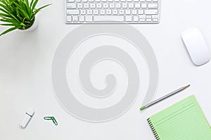 Contemporary Open Space Office white Table with Electronics and Flower