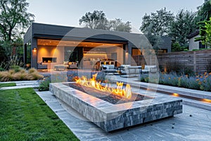 Contemporary outdoor patio with fire feature and lounge furniture at twilight