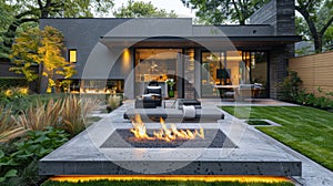 Contemporary outdoor patio with fire feature and lounge furniture at twilight