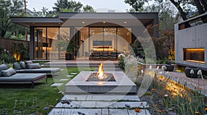 Contemporary outdoor patio with fire feature and lounge furniture at twilight