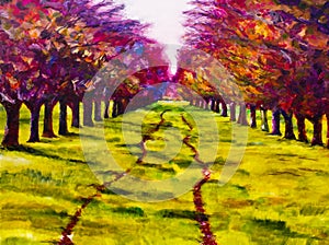 Contemporary painting of a path through a line of trees.