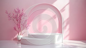 A contemporary pink podium design featuring a minimalist style with a delicate plant in a vase, casting soft shadows