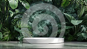 Contemporary podium stage for e-comerse. Front view with green stone and tropical leaves background. photo