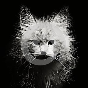 Contemporary Portrait Photography: Enigmatic White Cat With Fur On Black Background