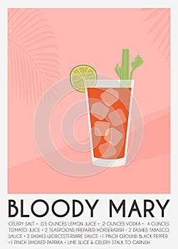 Contemporary poster Bloody Mary cocktail from tomato juice with celery stalk and cutted lime piece. Classic alcoholic