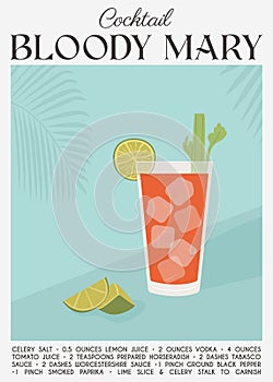 Contemporary poster Bloody Mary cocktail from tomato juice with celery stalk and cutted lime piece. Classic alcoholic