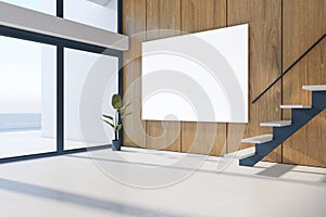Contemporary premises interior with empty white mock up banner, wooden and concrete floor, wall, stairs, window with city view,