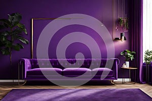 Contemporary purple living room with sofa and decorative panel on wall Generated Ai