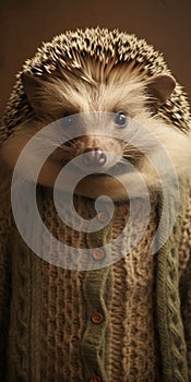 Contemporary Realist Portrait Photography Hedgehog In Knitwear