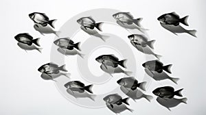 Contemporary Realist Portrait Photography: Symmetrical Chaos Of 6 Black Fish On White Background