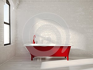 Contemporary red bathtub in a white interior