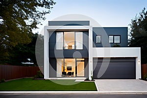 A contemporary residence featuring a front yard with an integrated garage.