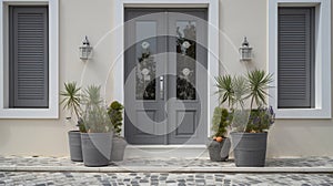 Contemporary Residential Entrance with Gray Front Door and Decorative Windows