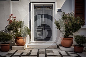 Contemporary Residential Entrance with Gray Front Door and Decorative Windows