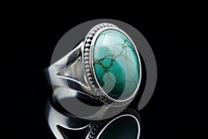 Contemporary ring features a substantial turquoise stone set in silver against a black background