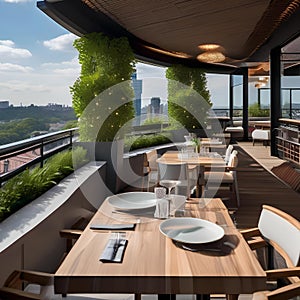 A contemporary rooftop garden restaurant with panoramic views, greenery, and modern outdoor furniture1