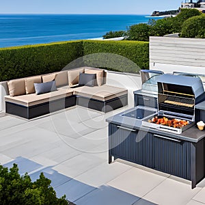A contemporary rooftop terrace with comfortable outdoor seating, a built-in barbecue grill, and breathtaking views of the ocean2
