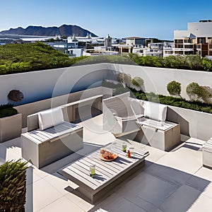 A contemporary rooftop terrace with comfortable outdoor seating, a built-in barbecue grill, and breathtaking views of the ocean1