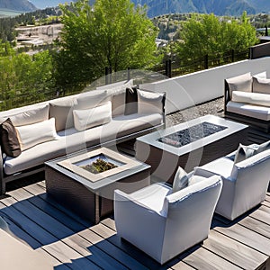 A contemporary rooftop terrace with comfortable outdoor seating, a fire pit, and breathtaking views of the mountains3, Generativ