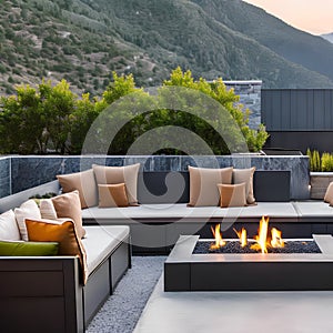 A contemporary rooftop terrace with comfortable outdoor seating, a fire pit, and breathtaking views of the mountains5, Generativ