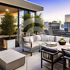 A contemporary rooftop terrace with outdoor seating, a barbecue area, and stunning city views2, Generative AI