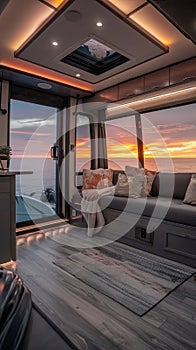 A contemporary RV interior layout with sophisticated fixtures and a sunset backdrop, offering a peaceful retreat while