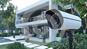 Contemporary security camera with stylish house and pool in closeup view
