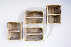 Contemporary shelves made of wooden vegetable boxes