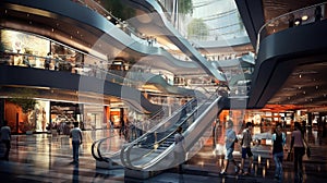 Contemporary shopping mall photo realistic illustration - Generative AI.