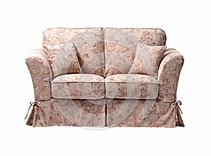 contemporary sofa with floral pattern isolated on white background