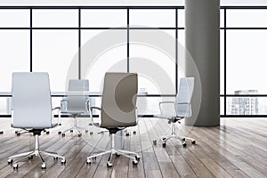 Contemporary spacious meeting room interior with white chairs, wooden parquet flooring and panoramic window with city view. 3D