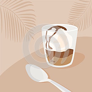 Contemporary square card with affogato coffee dessert with ice cream and spoon on table in cafe. Trendy minimalist