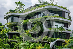 This contemporary structure blends seamlessly with nature, showcasing extensive