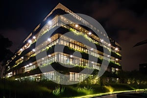 A contemporary structure illuminated in the night, its facade adorned with lush green vertical gardens, showcasing a biophilic