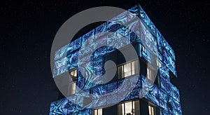 Modern building facade with light display