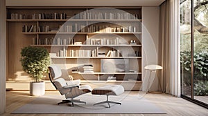 A contemporary study bathed in soft natural light, with bookshelves and literature.