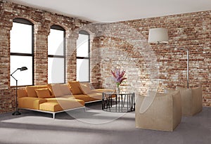 Contemporary stylish loft interior, brick walls, orange sofa