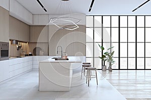 Contemporary stylish luxury brown kitchen interior with window and city view, furniture and various other objects. Interior