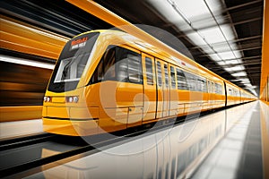 Contemporary subway train in motion, speeding through an urban tunnel with futuristic vibes