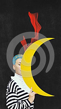 Contemporary surreal art collage, design. Woman with moon goddess symbol isolated over black. Concept of witch