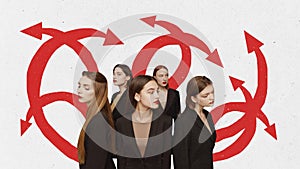 Contemporary surreal art collage, design. Young women with red arrows as symbol on white background. Concepts of witch photo