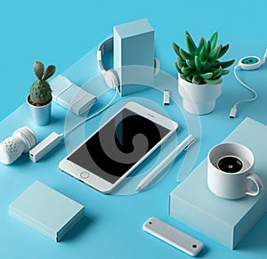 Contemporary Tech and Office Items on Pastel Blue
