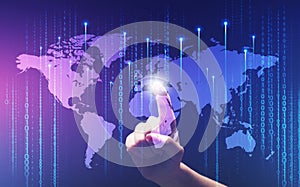 Contemporary technologies. Collage with woman touching virtual screen, world map and binary code digits