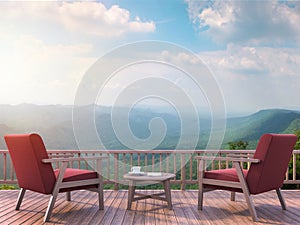 Contemporary terrace with mountain view 3d render. photo