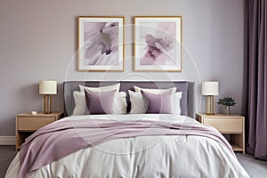 Contemporary townhouse double bedroom with lilac Linen and curtains matching bedside tables set against Generative AIh