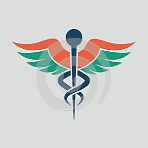 A contemporary version of the traditional medical caduceus symbol, featuring a rod with wings, A sleek and modern interpretation