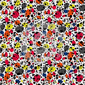 Contemporary vivid multicolor seamless pattern, splatter background with dots, spray paint.