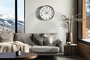 Contemporary wall clock in stylish light room. Snow covered landscape outside. Concept of transition to winter time