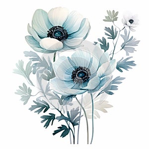Contemporary Watercolor Anemone Arrangement Clipart With Duck Egg Blue Hues