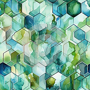 Contemporary watercolor hexagon pattern in blue and green (tiled)